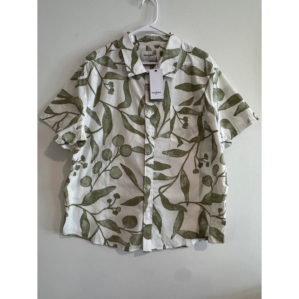 Goodfellow & Co Leaf Print Button-Up Mens XXL Green White Short Sleeve Pocket